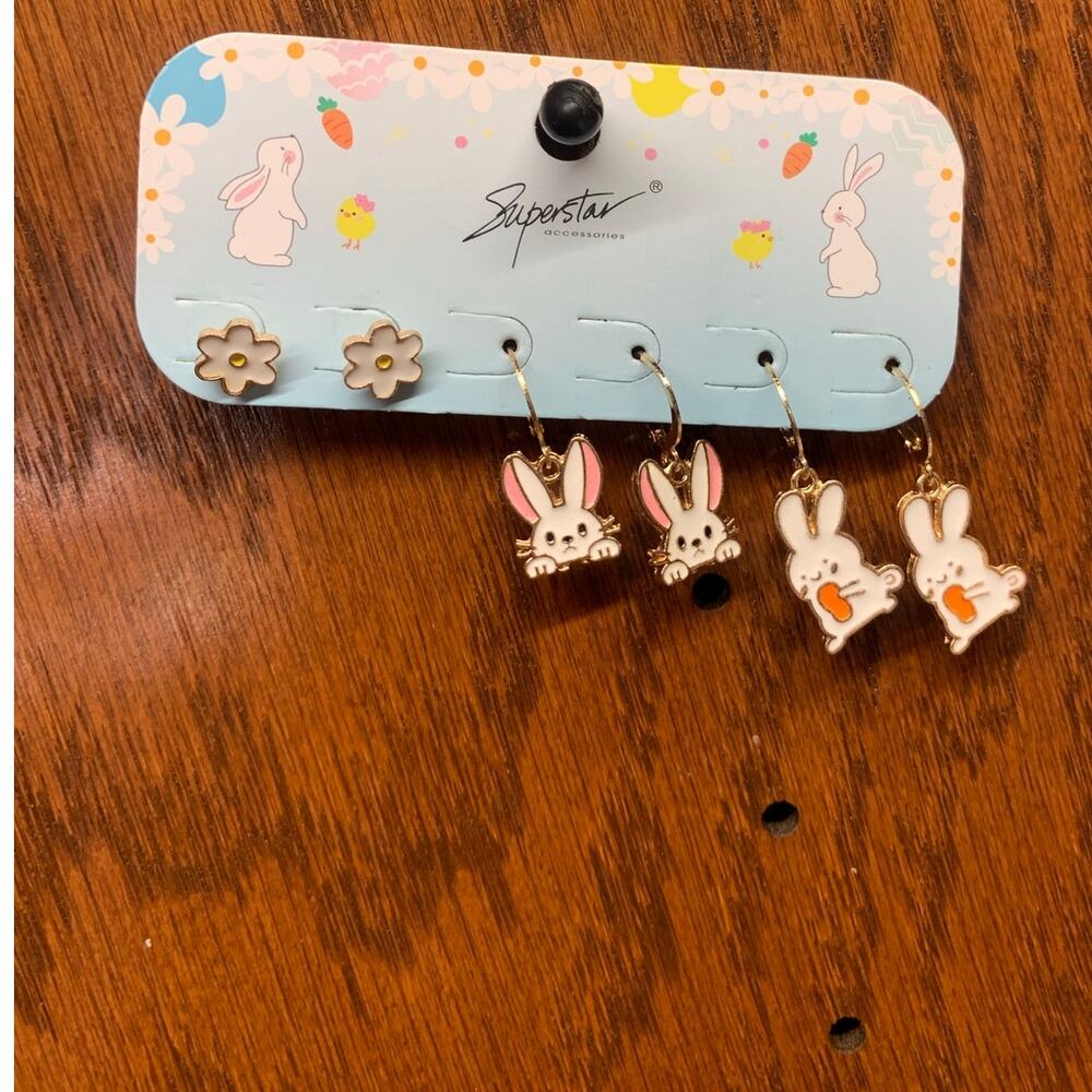 Easter Rabbit & Flower Stud Hoop Earrings